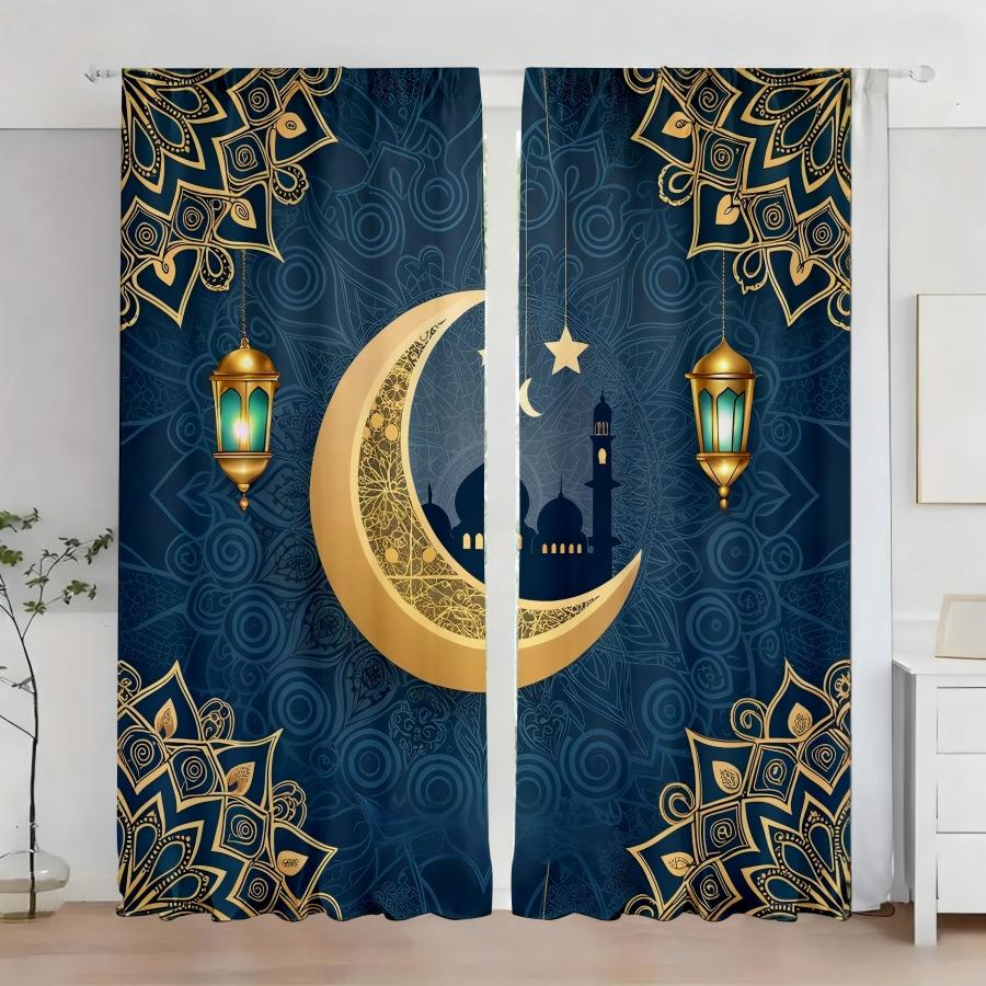 

2 Pack Navy Blue and Gold Mandala Crescent Curtains, Flat Print, Ramadan Eid Window Decor, Living Room Bedroom Decor 24x59in(60x150CM)x2&Rod Pocket