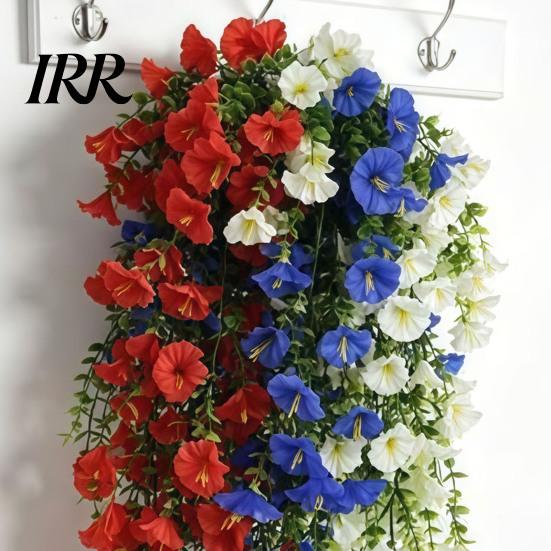 Weatherproof Artificial Flowers Patriotic Red White Blue Hanging Morning Glory Flower Vine UV Resistant Fake Plants for 4th of July Memorial