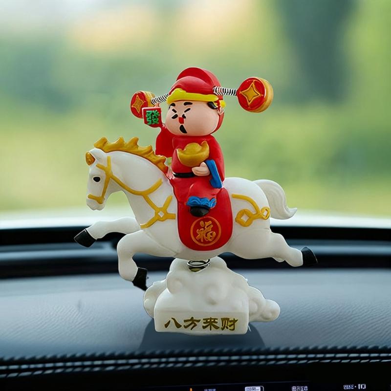 Lucky God of Wealth On Horse Statue Swaying Spring Motion Ornament For Desktop Decors And Vehicle Interior Enhancement