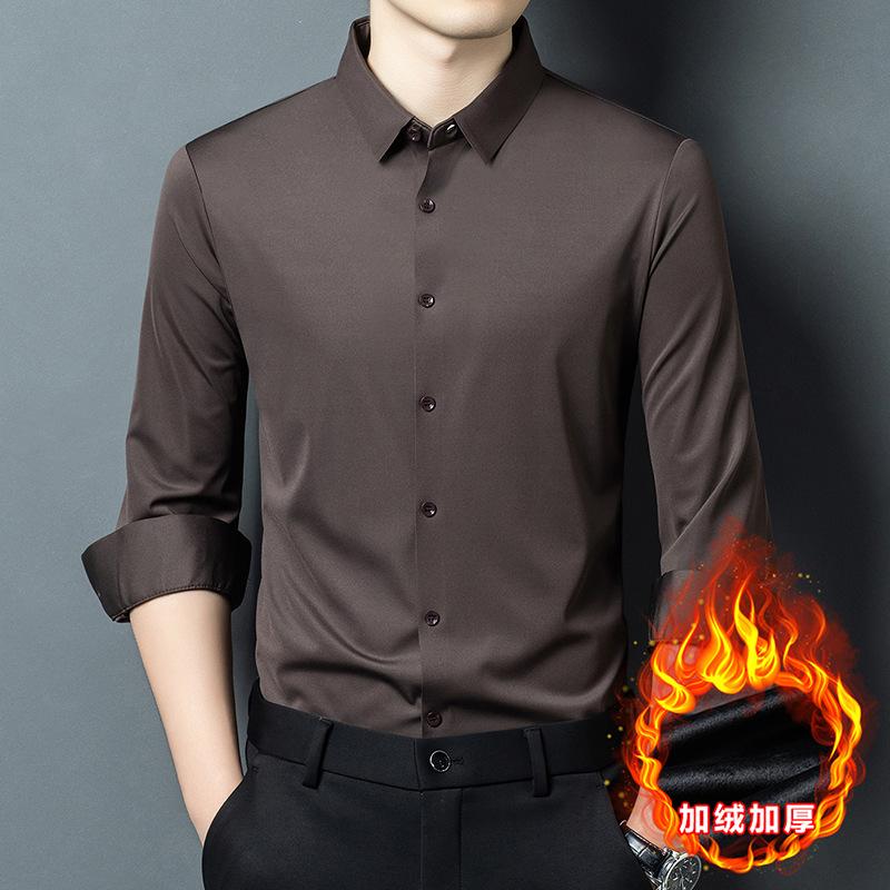 Men S Fleece Lined Long Sleeve Shirt Solid Color Business Casual Warm