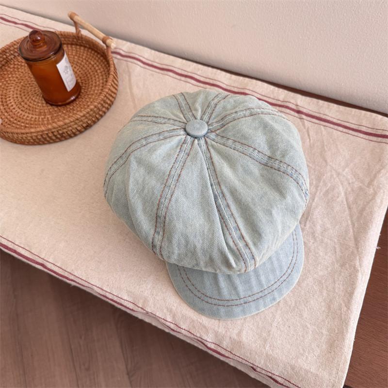 Large Head Circumference Denim Beret Hat Round Top Style With Short Brim Stylish Cloud Design Cap