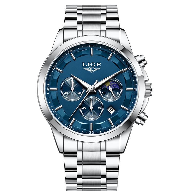 LIGE Business Watches Mens Top Brand Luxury Quartz Wristwatch 3Bar Waterproof Chronograph Luminous Watch for Gentleman Gift+Box