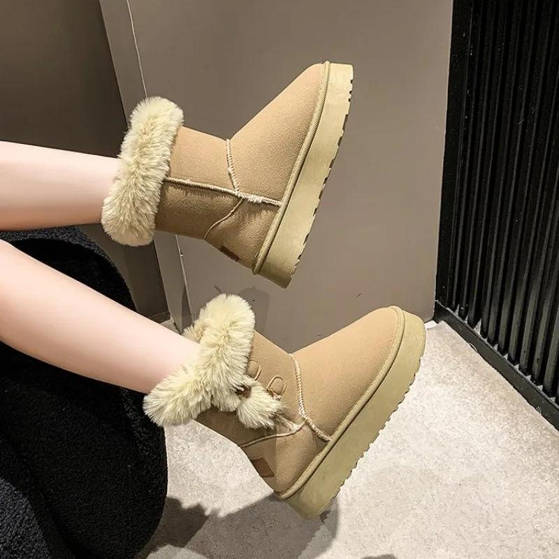 Fashion Winter New Thick Snow Boots Women Fashion Round Head Suede Horn Buckle Anti-slip Wear-resistant Mid-calf Boots