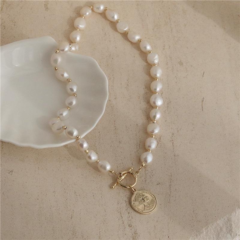 Baroque Freshwater Pearl Coin Choker with Gold Pendant - Women's OT Clasp Necklace Gift