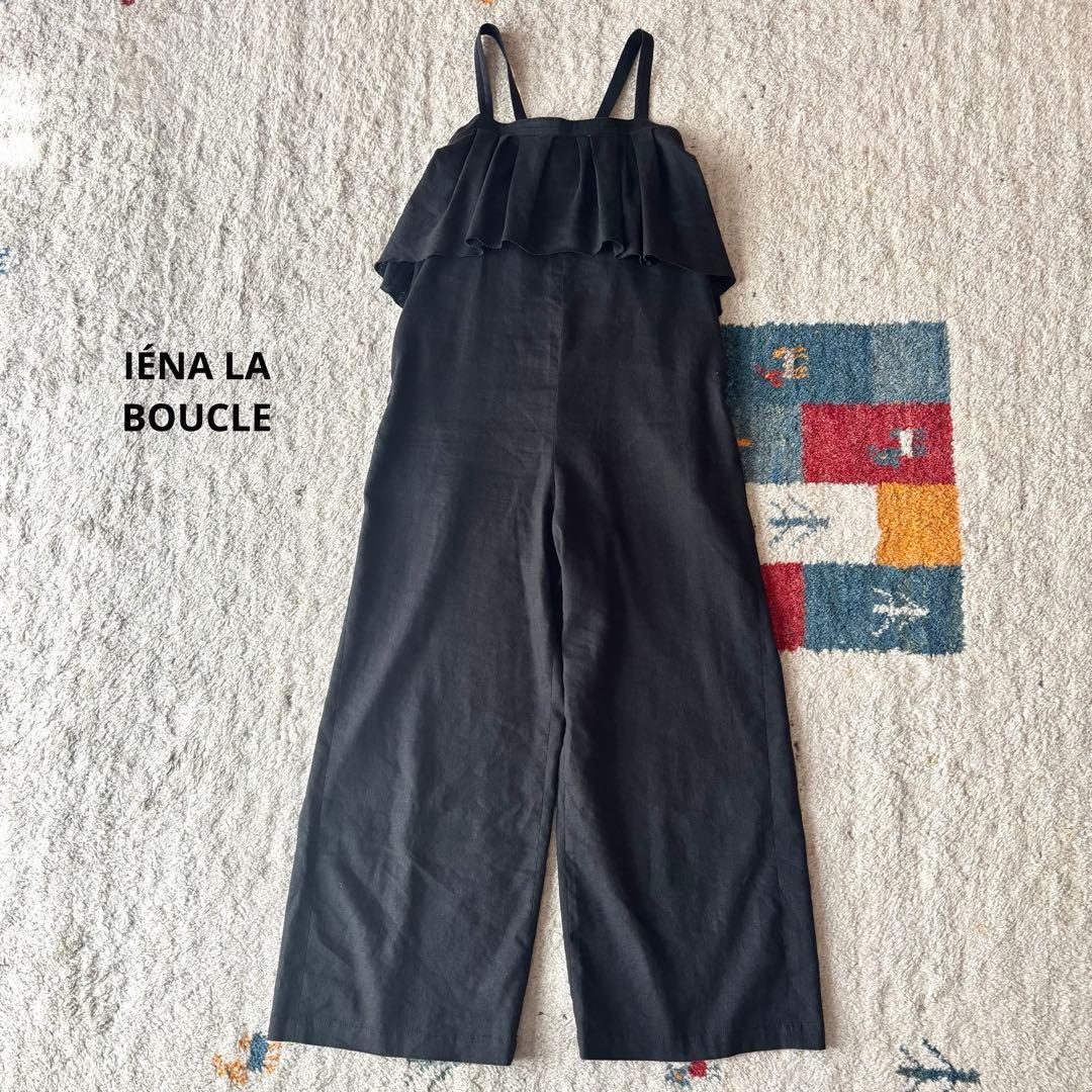 IENA LA BOUCLE Linen ruffle overalls black back ribbon
