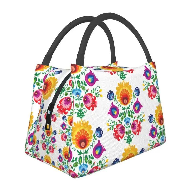 Polish Folk Flowers And Roosters Lunch Box for Women Waterproof Poland Floral Art Cooler Thermal Food Insulated Lunch Bag