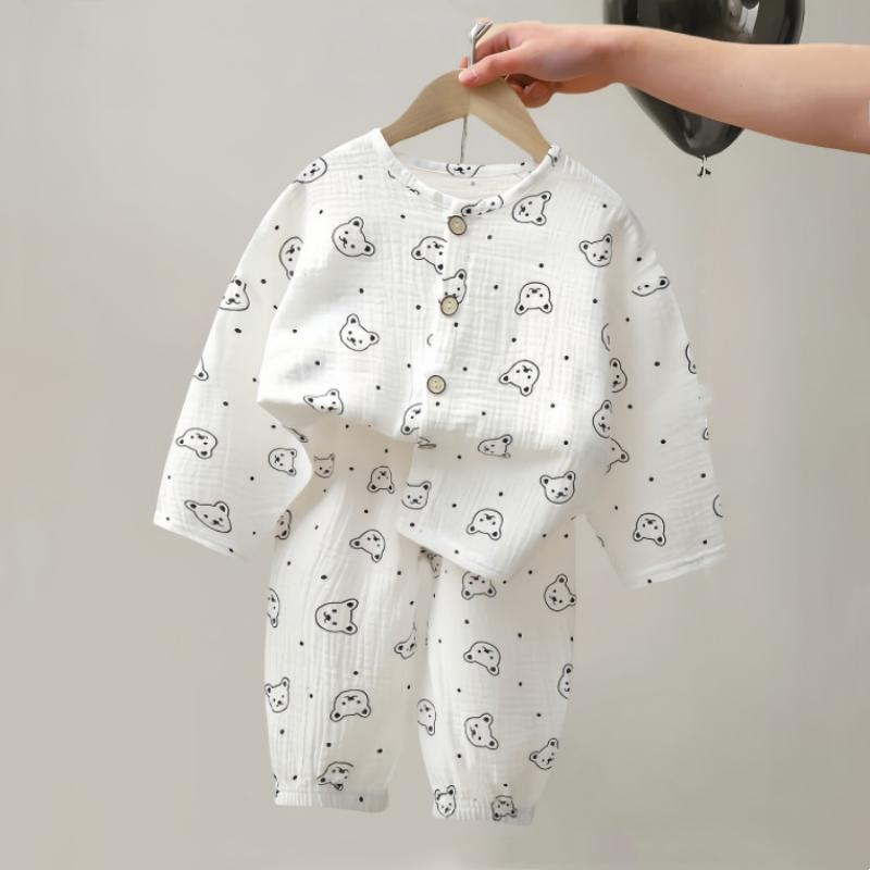 

2 шт./компл. Костюм для мальчиков и девочек, детская одежда из муслинового хлопка, одежда для сна, наряд, детский комплект пижамы с длинными рукавами, топы+брюки, домашняя одежда 80