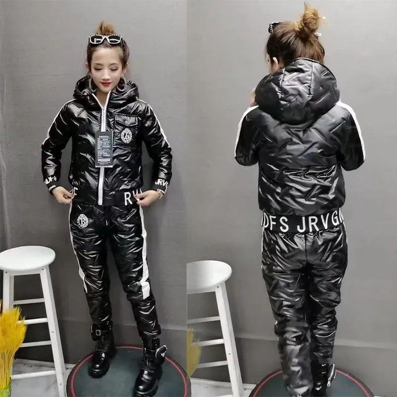 

Зимние теплые водонепроницаемые глянцевые комплекты-двойки Женские утепленные пуховики Пальто с капюшоном Костюмы Спортивные брюки Наряды L чёрный