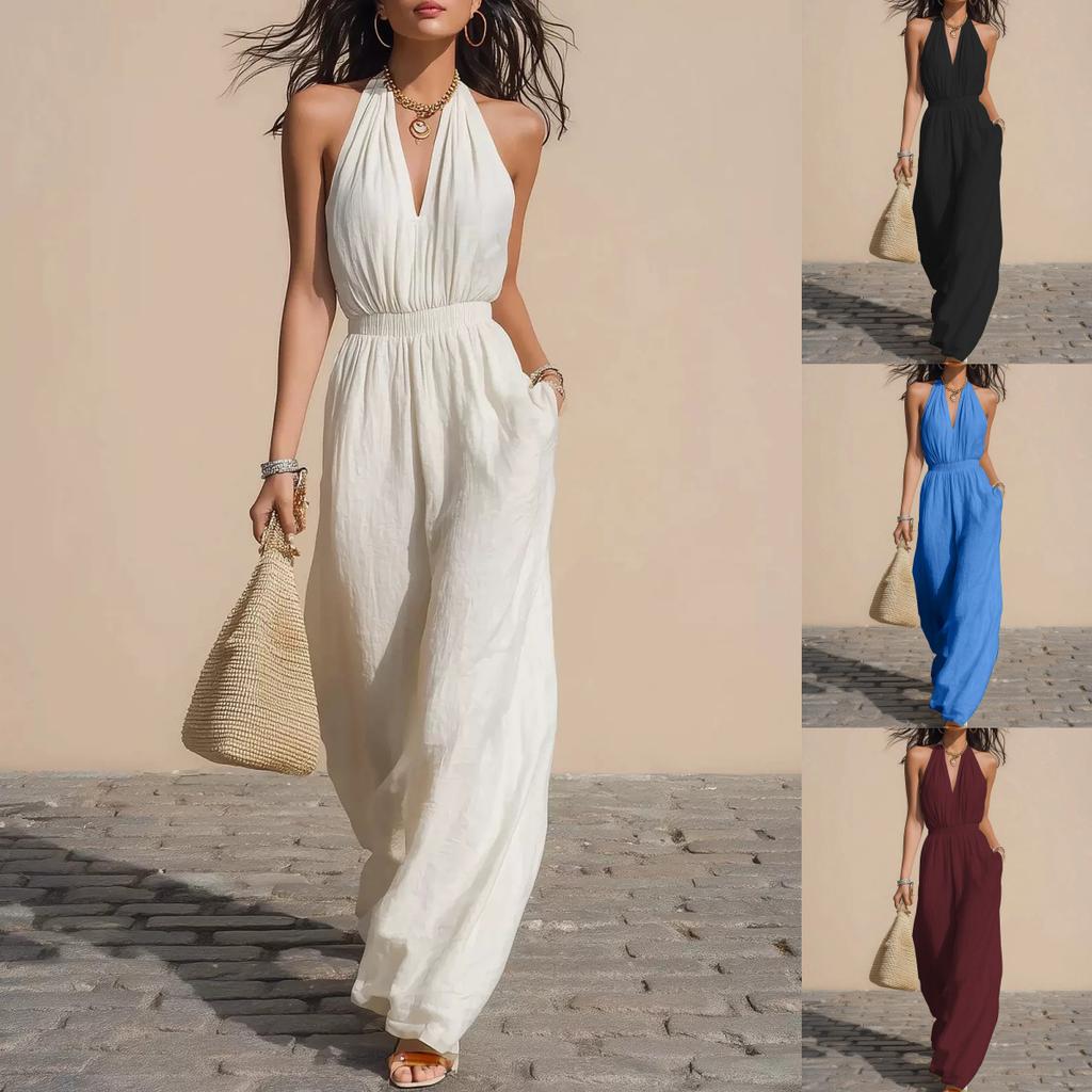 Women Halter Neck Sleeveless Wide Leg Jumpsuit Solid Color Casual Loose Fit Playsuit