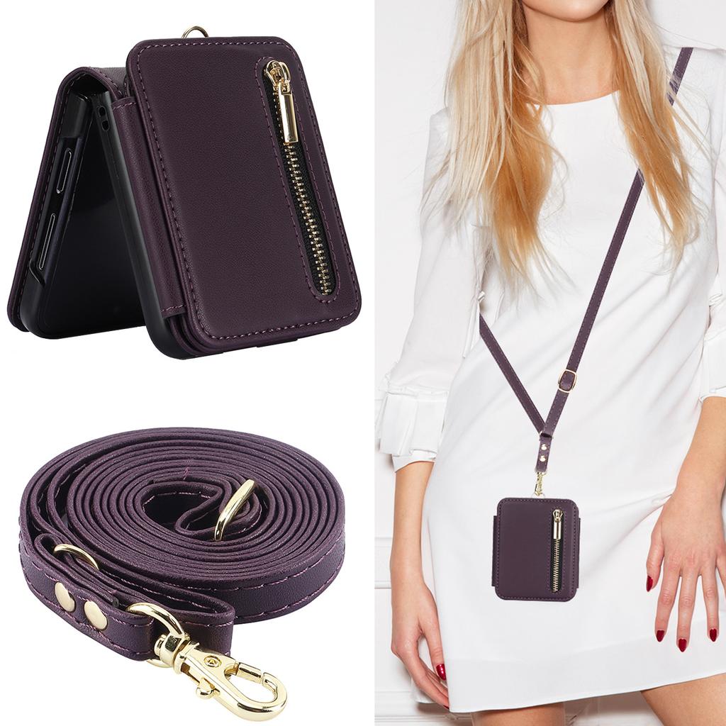Applicable to Samsung Z Flip6 mobile phone case Z Flip5 solid color zipper change bag card holder diagonal strap