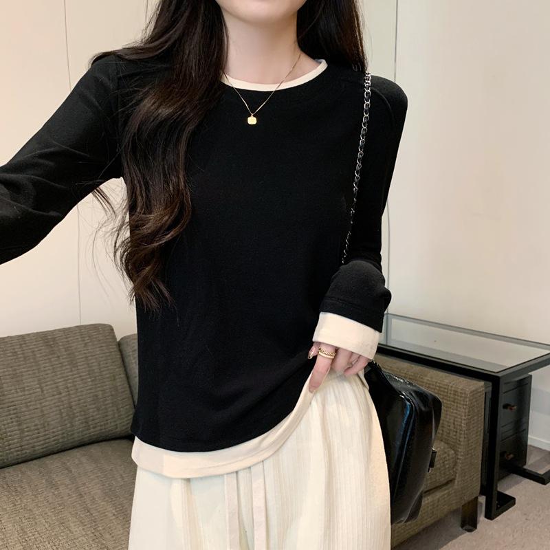 

Женская базовая футболка с длинным рукавом, имитирующая двойку, весенний новый стиль, контрастный цвет, облегающий крой, тонкий внутренний топ S