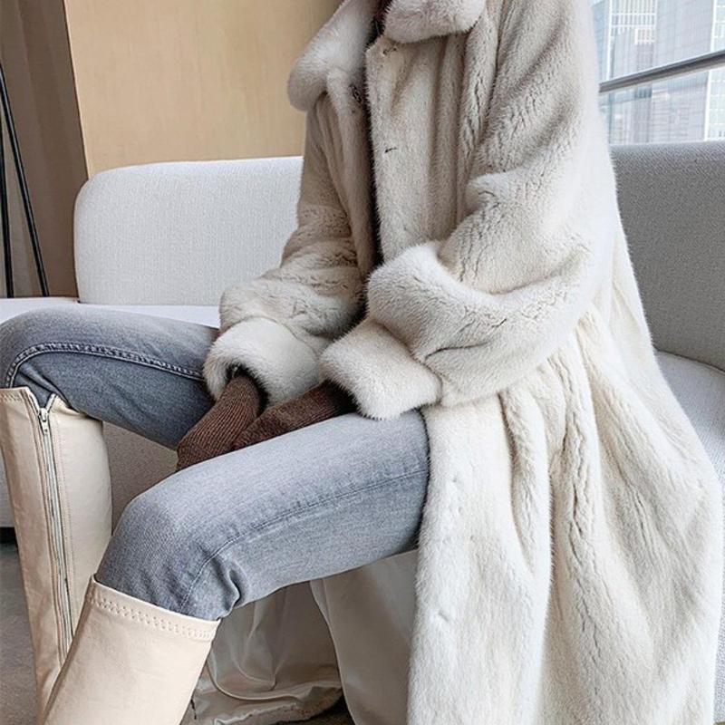 Damski jesienny i zimowy płaszcz ze sztucznego futra Długi płaszcz do kolan Jednolity kolor Top