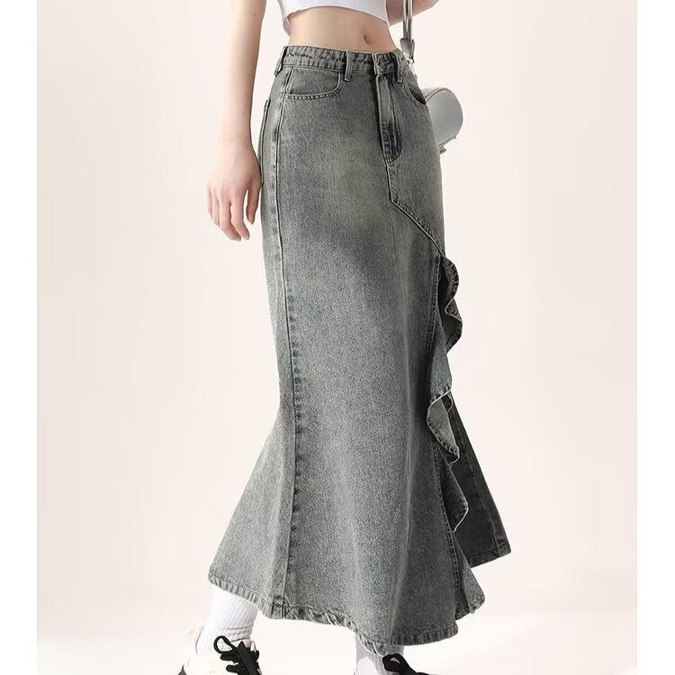 Women's Retro High-Waist Lace Fishtail Denim Midi Skirt