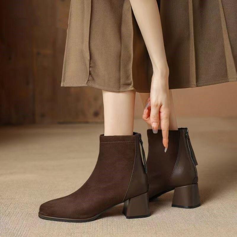

2025 Ретро Замшевые Ботильоны на Толстом Каблуке Женские Плюс Бархатные Теплые Французский Квадратный Носок Стройнящие Ботинки на Осень и Зиму 35