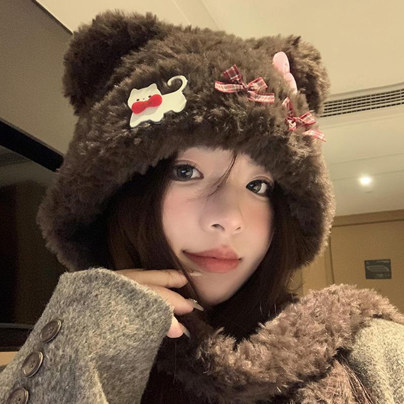 Cute bear ears cat bow plush hat women's season warm ear protection Lei Feng hat show face small hat