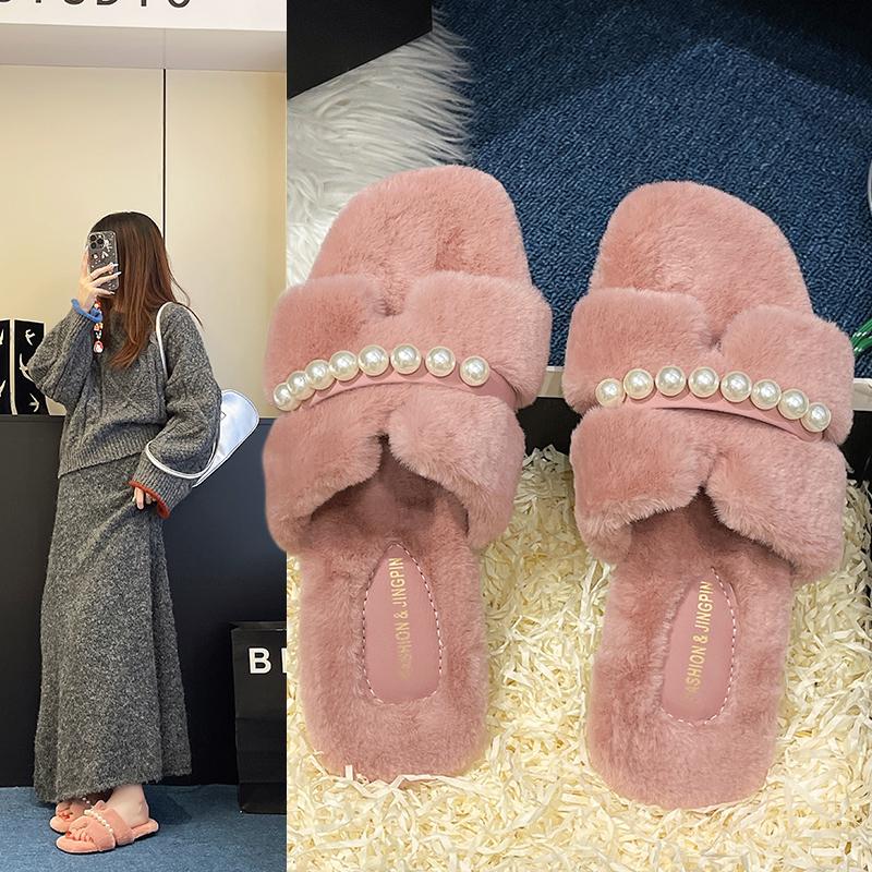 Fashion French Straight Cotton Slippers Women's Outer Wear Autumn and Winter New Comfortable Retro Flat Plush Mop