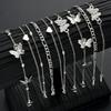 8 Pcs Bohemian Butterfly Love Heart Anklets Sets for Women Fashion Silver Color Crystal Foot Chains Versatile Beach Jewelry Gift