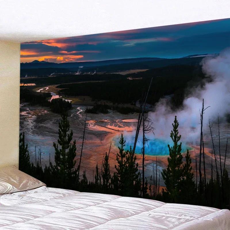 Large wall tapestry of natural forest chalet by the lake, hippie landscape art for home decoration, bohemian wall pendant inspired by nature