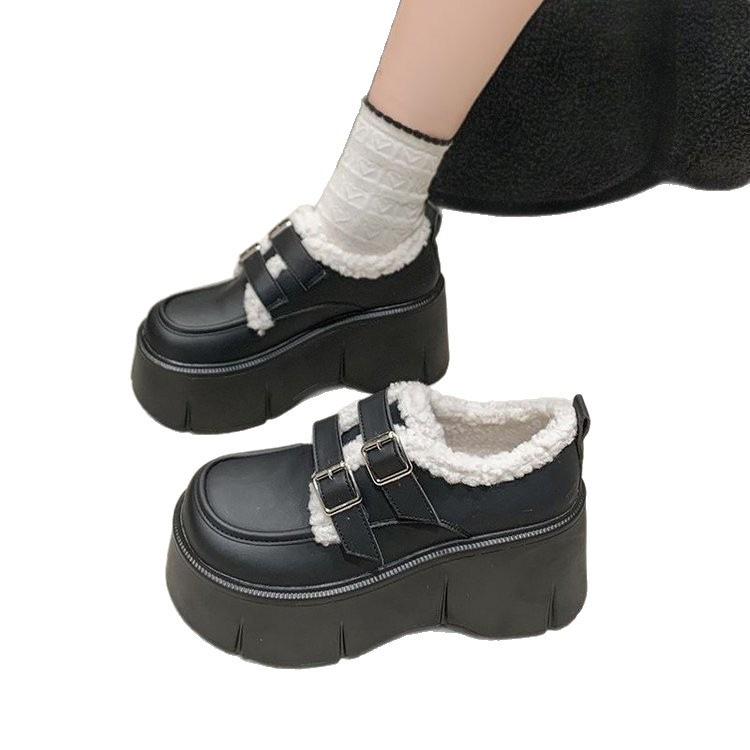 Small thick-soled loafers for women's 2025 winter new 8cm heightened small leather shoes with velvet lamb wool warm cotton shoes