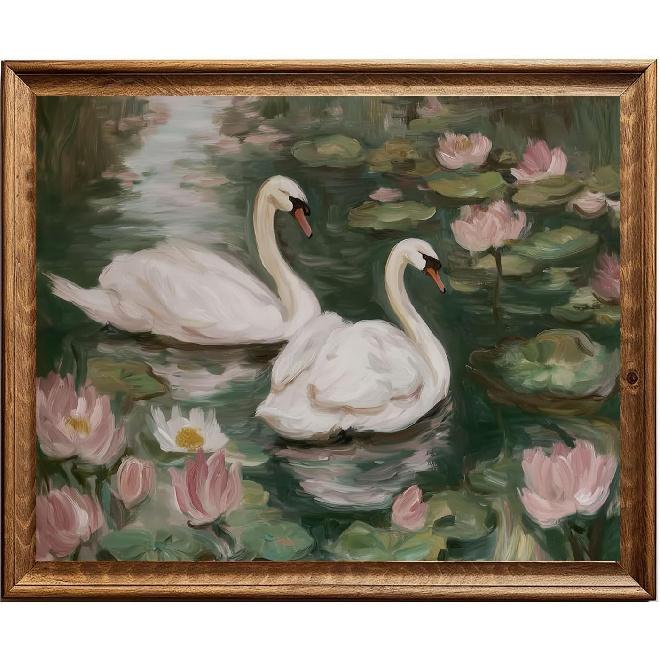 Swan Wall Art Print – Pink and Green Cottagecore Romantic Decor – Vintage Nature Painting with Swans on a Lake and Flowers – Peaceful Girly 11X14INCH