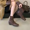 2025 autumn and winter new round head inner coarse heel matte low tube splicing suede thin pile Martin women's short boots