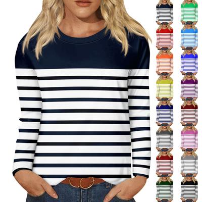 Long Sleeve Shirts For Women Stripe Print Graphic Tees Blouses Casual Plus Size Basic Tops Pullover