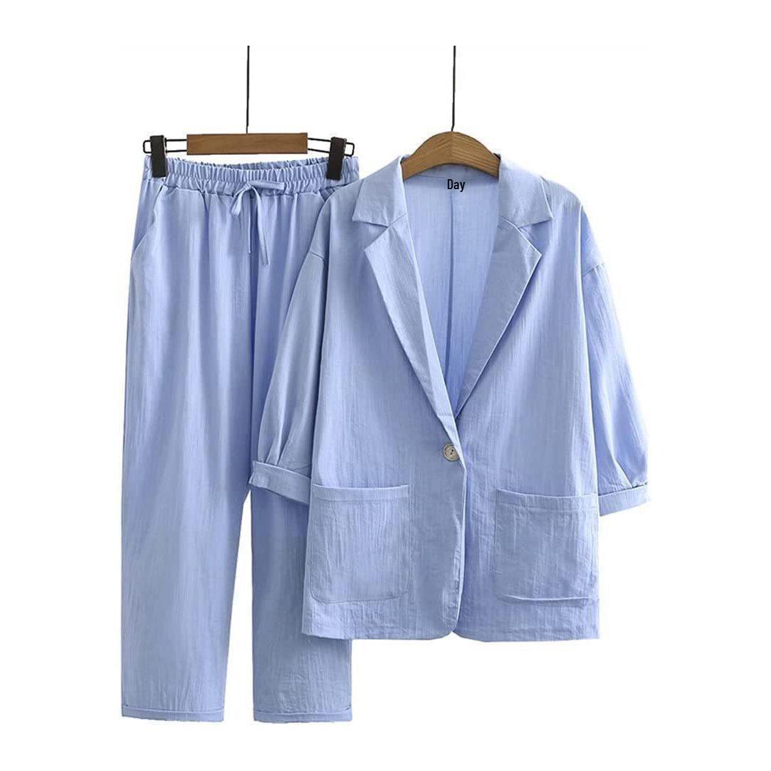 

Повседневный костюм большого размера из хлопка и льна с длинными рукавами: Весна осень L светло-синий