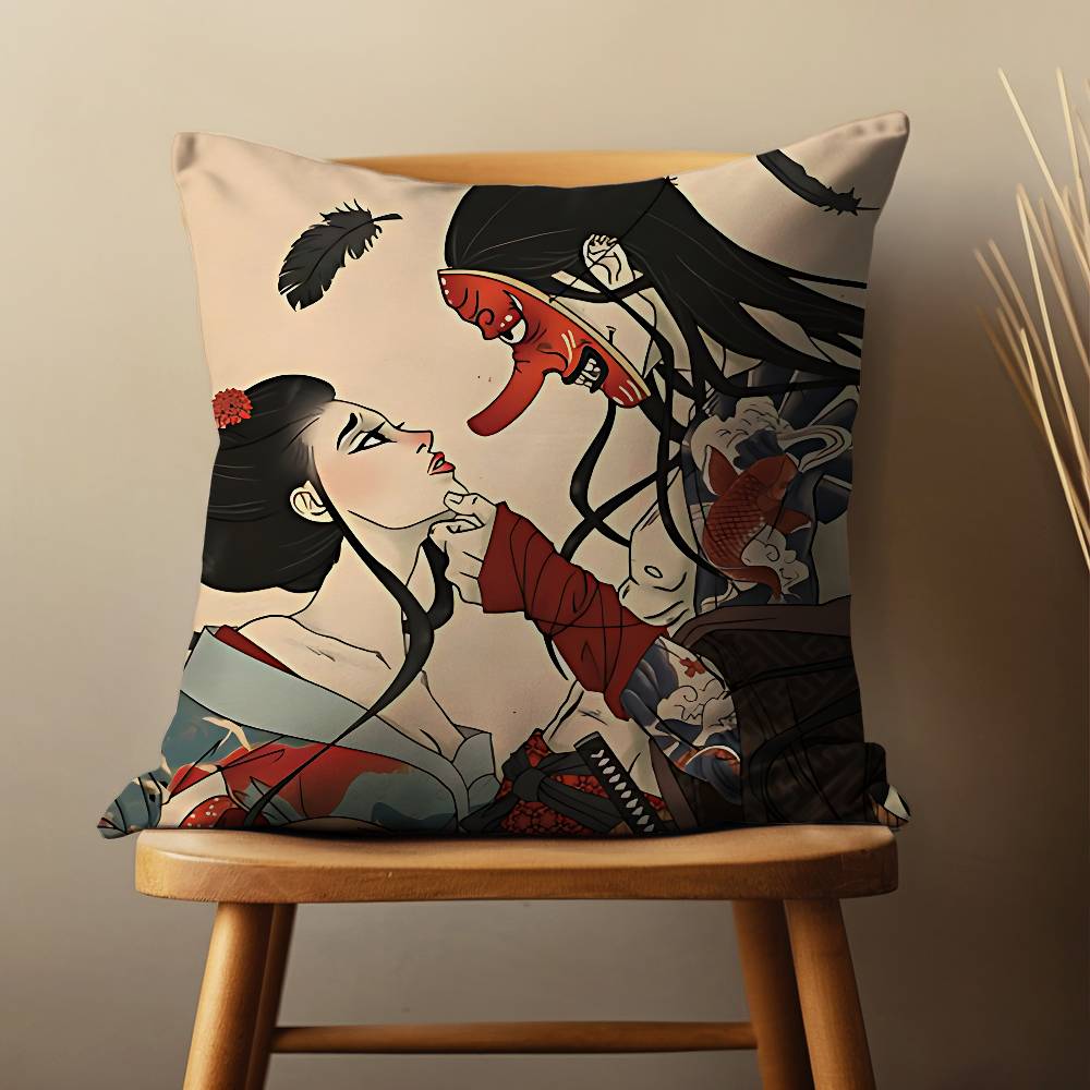 Beautiful Geisha Woman Pillow Case Living Room Sofa Cushion Cover Suitable For Home Bedroom Decoration And Protector
