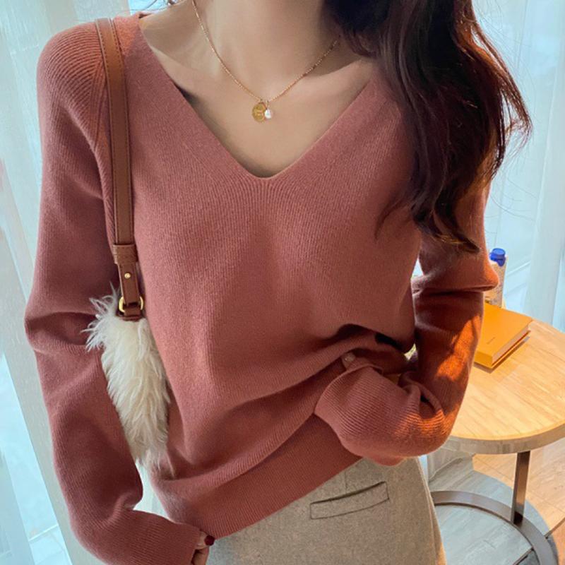 Ladies Autumn Winter Long Sleeve V Neck Loose Basic Solid Color Pullover Knitted T Shirt Top for Layering