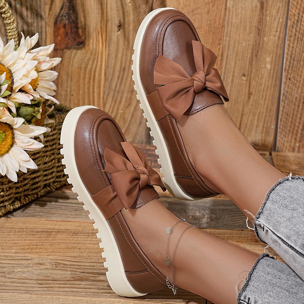 Bow Thick-soled Loafers for Women, 2025 Autumn New British-style Plus-size Muffins with A Foot of Small Leather Shoes