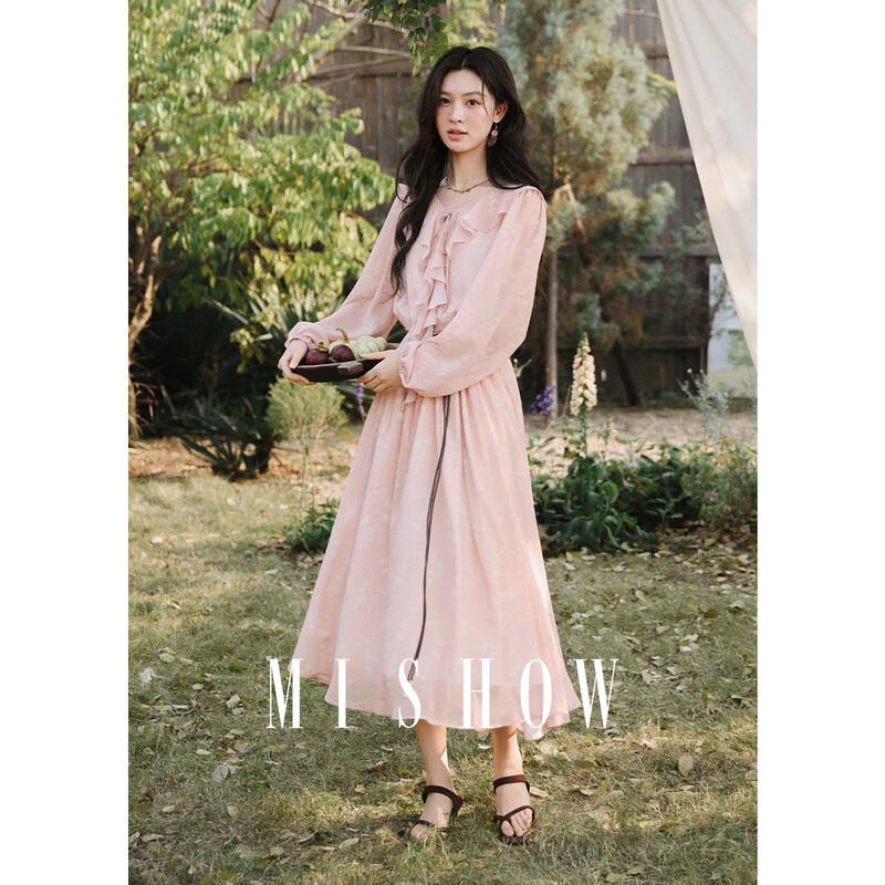 Mixiu Gentle Pink Floral Ruffle V-Neck Dress S
