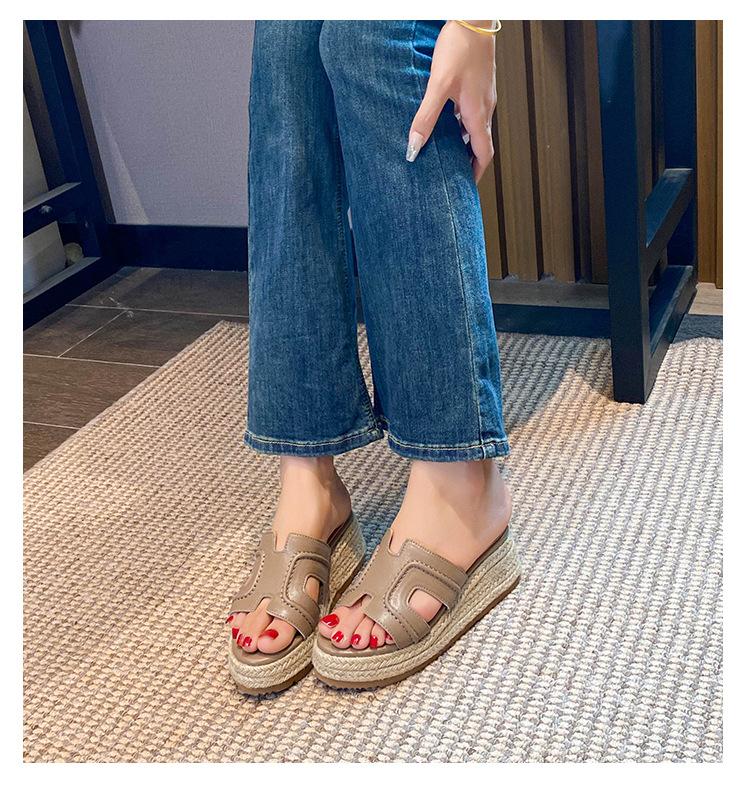 

Подошва ретро мокасин из пеньковой веревки на платформе увеличена на 5 см~ Летние повседневные универсальные H-образные шлепанцы, как у Рут 33