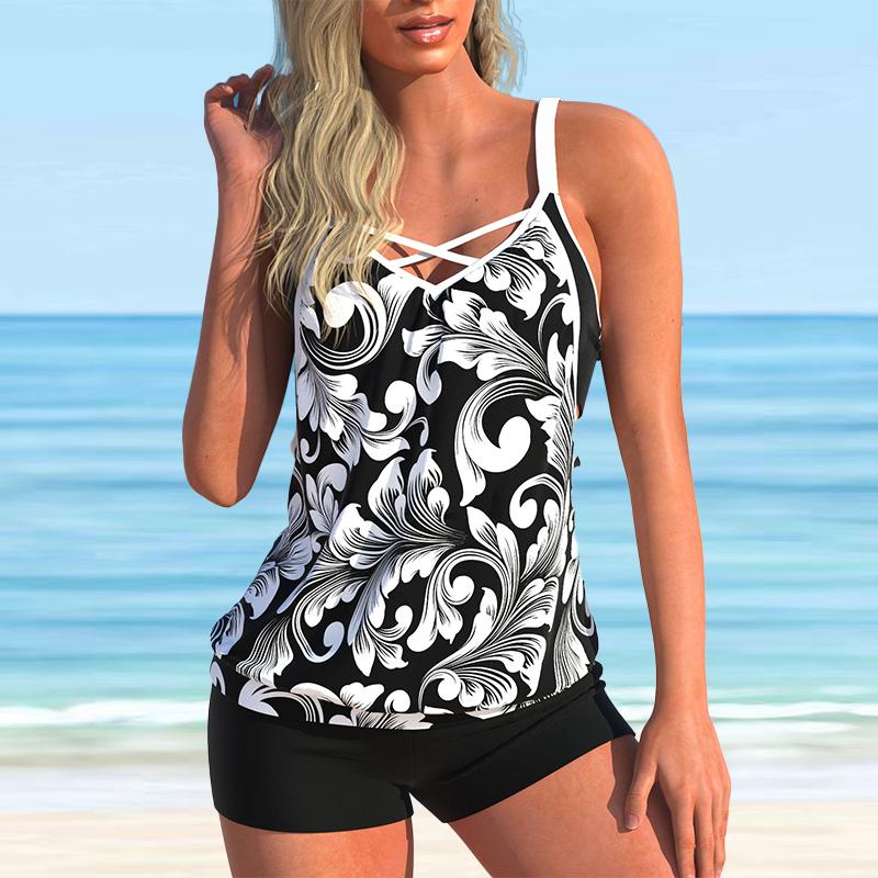 Women's Halter Blue Pearl Print Bikini Tankini Swimsuit