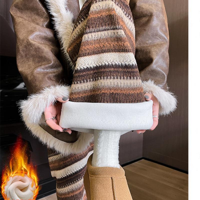 Tweed Striped Plush Glutinous Rice Pants for Women In Autumn and Winter New Thickened Retro Casual Pants Straight and Narrow Wide-leg Pants