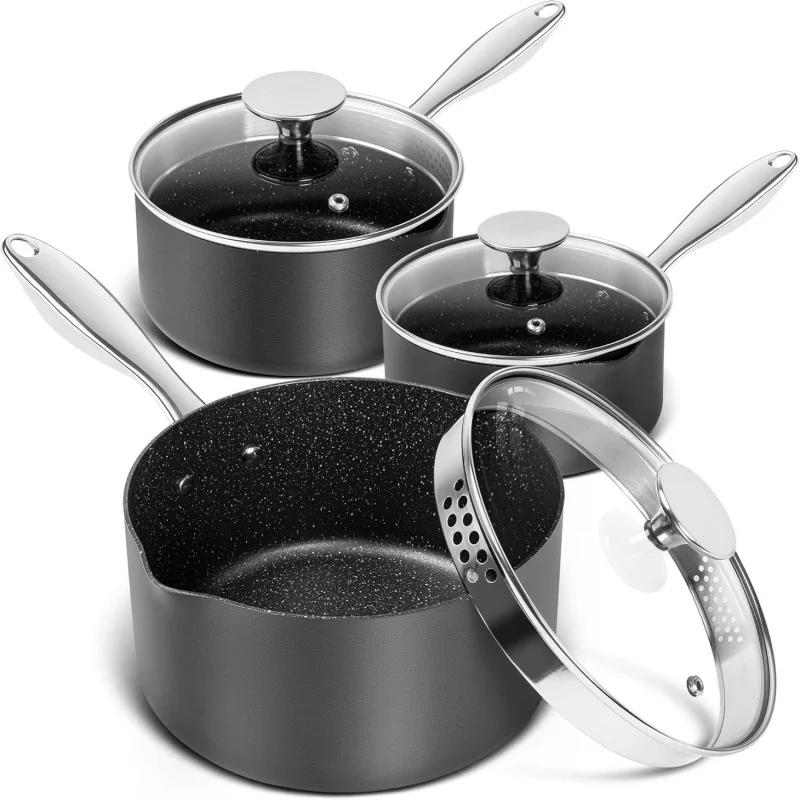 

MICHELANGELO 3Pcs Saucepan Set with Lids Hard Anodized Milk Pot Nonstick Saucepan with Pour Spouts Pasta Cooking Pots Induction