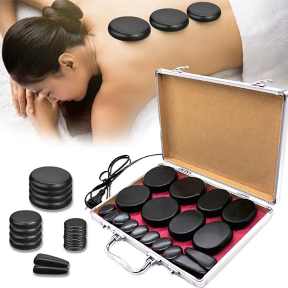 18 Pc Basalt Hot Stones Massage Set with Heater Portable Home Spa Kit for Relaxation and Muscle Relief Natural Volcanic Stones