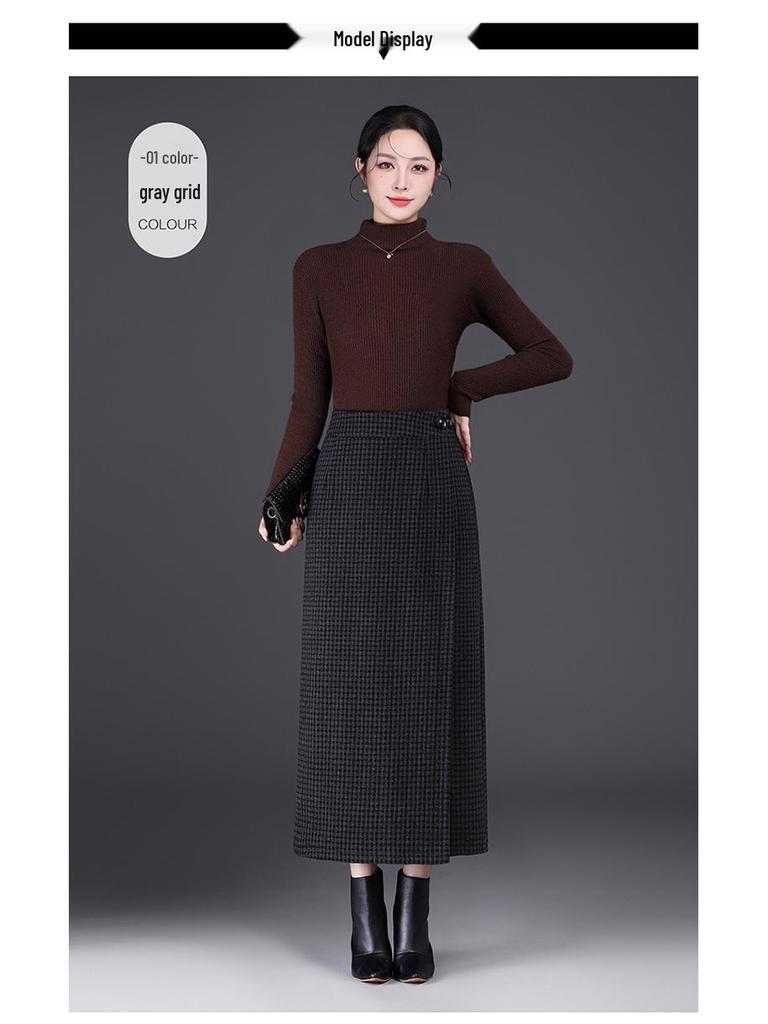 Plaid Woolen High-Waisted Pencil Skirt: Winter 2025 Korean Style, Thickened and Warm with Slit
