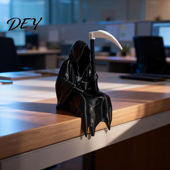 Gotische Schreibtischornamente 3D-gedruckte Sensenmann-Statue mit Kaffee & Sense, Dunkle Stil-Raumakzente Dekor, Einzigartige Kunstfigur für Zuhause Büro Bücherregal