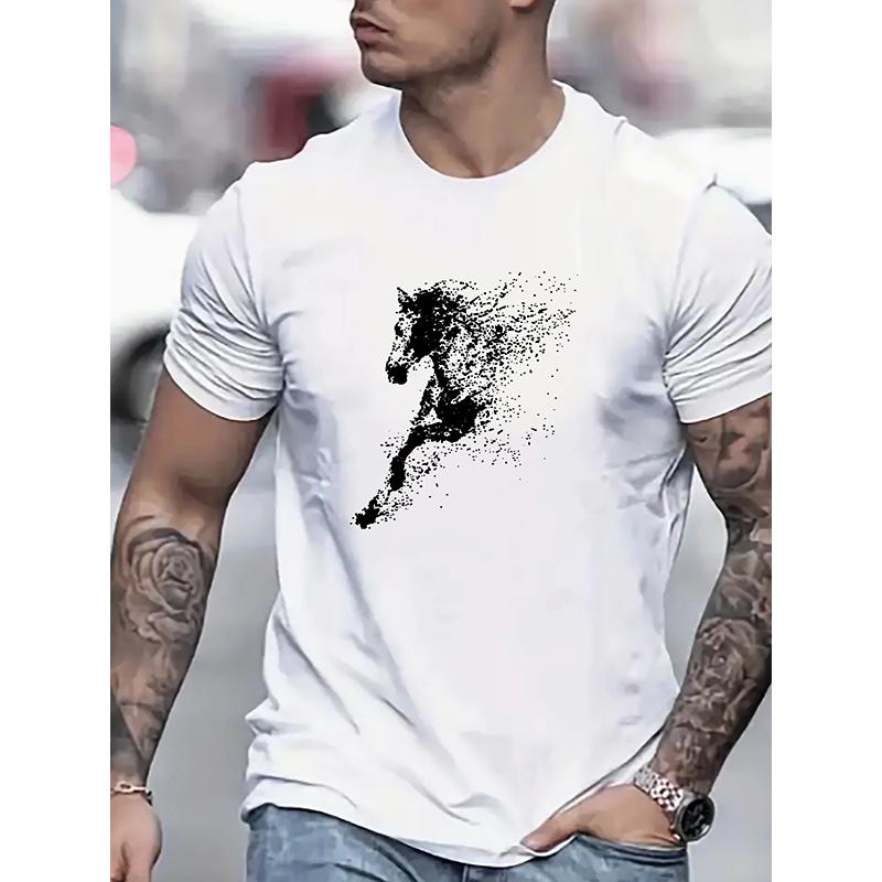 

Loose Large Black Horse Pattern Men s Summer 100% Polyester Fashionable Casual Printed Round Neck Short Sleeve T-shirt Top 6XL білий