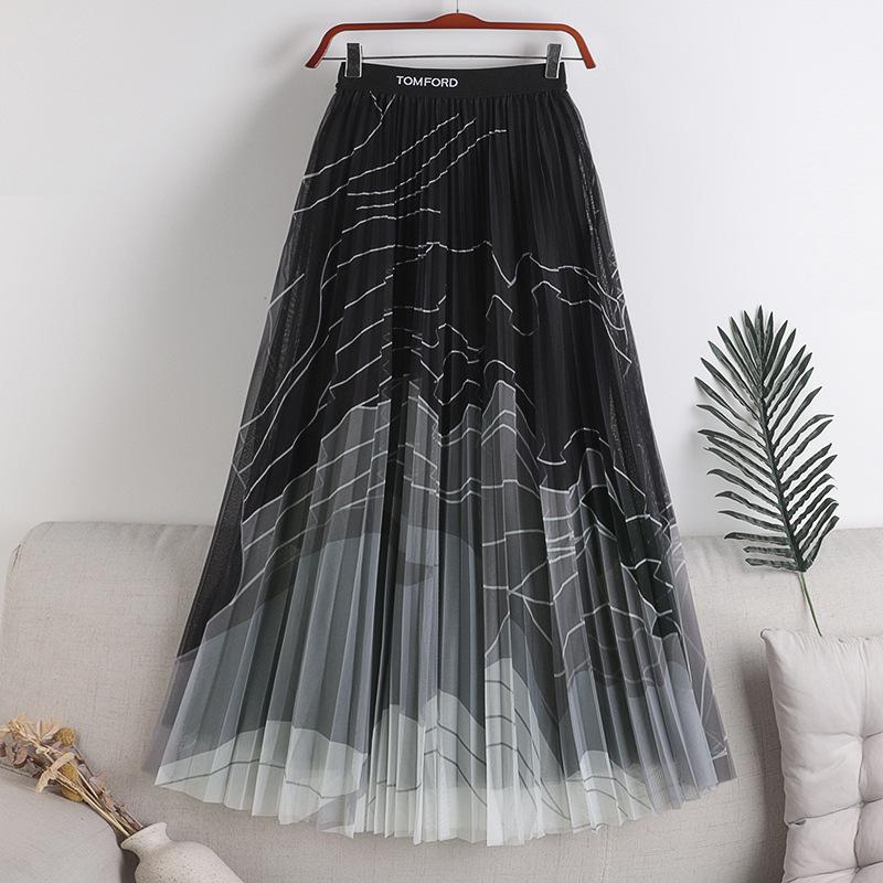 

Юбка-плиссе из сетки в тон, осень-зима 2025, новая эластичная юбка с высокой талией и принтом, средней и длинной длины, А-образная юбка из пряжи с маятником one size fits all