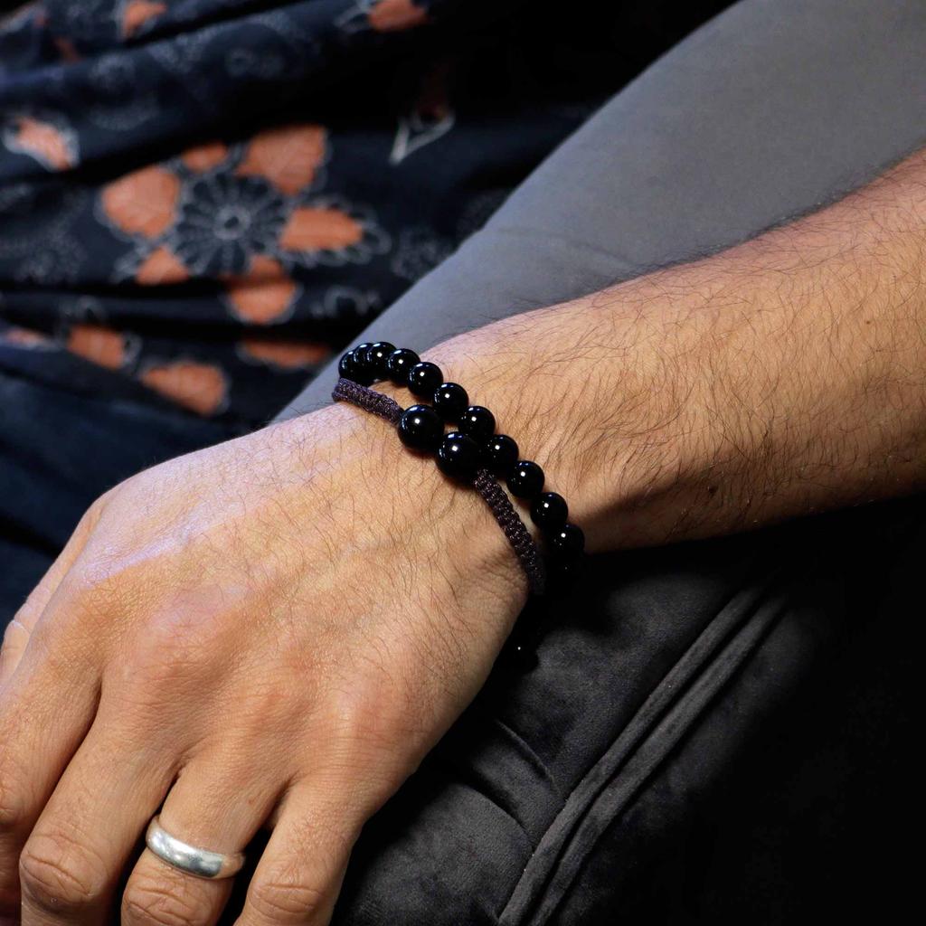 Black Agate Beaded Bracelets Set of 2