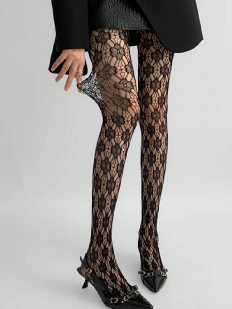 1-Pair Pack Women'S Black Summer New Arrival Sexy E-Girl Floral Cutout Fishnet Pantyhose Perfect For Party