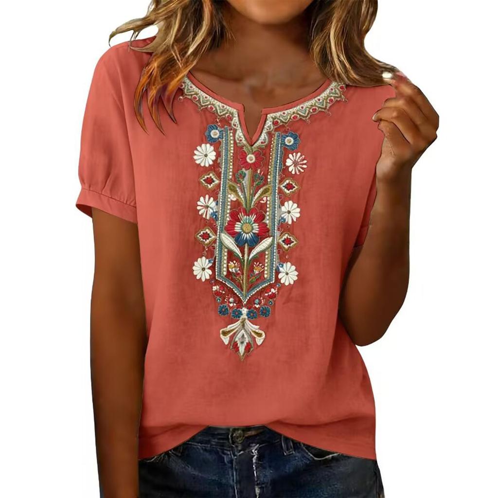 Camisa de Mujer Moderna Oversize Bordada de Cuello en V de Manga Corta Top Casual