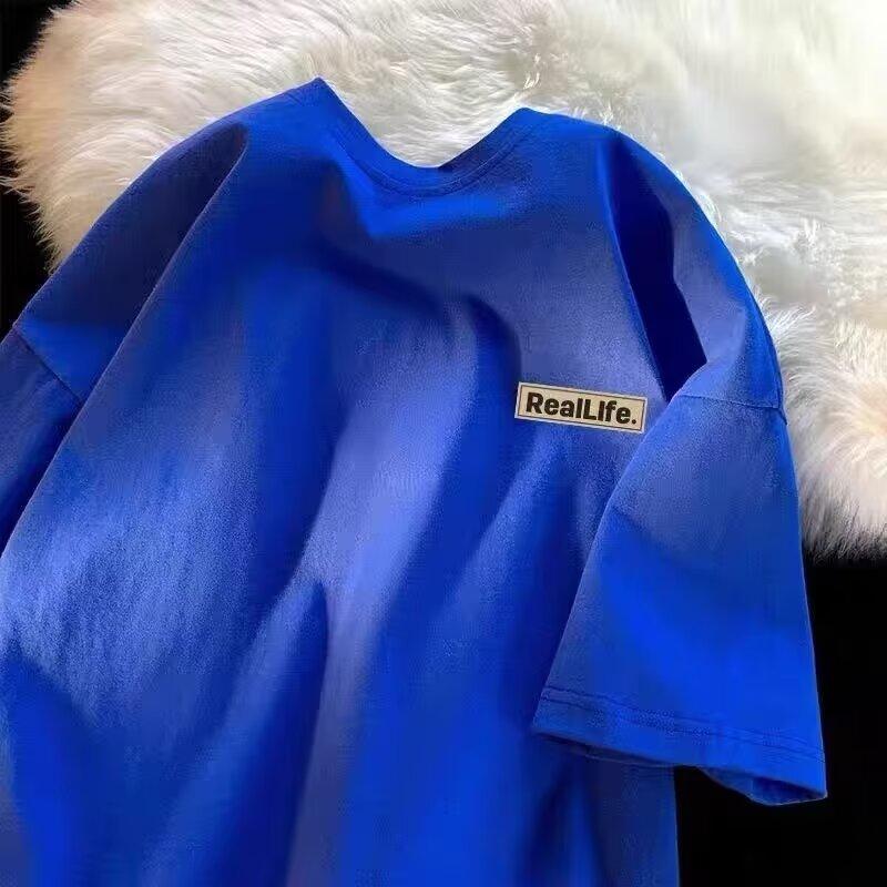 

Новая летняя футболка с короткими рукавами для мужчин, тренд в корейском стиле, простой топ с короткими рукавами, свободная повседневная брендовая футболка в гонконгском стиле 5XL темно-синий