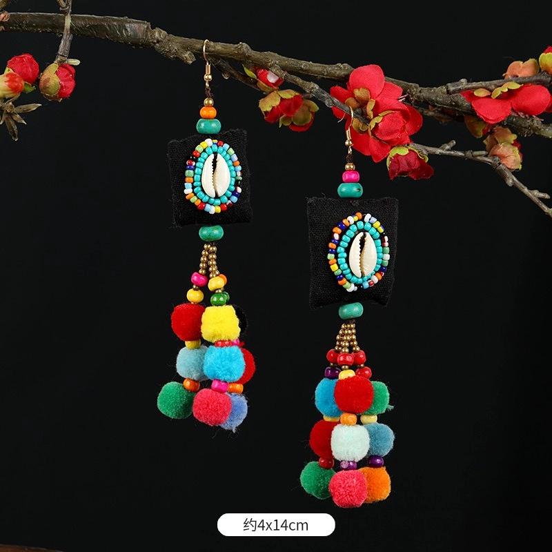Retro Contrasting Pom-pom Earrings, Exaggerated Personality, Bohemian Vacation Long Fringed Temperament Earrings for Women