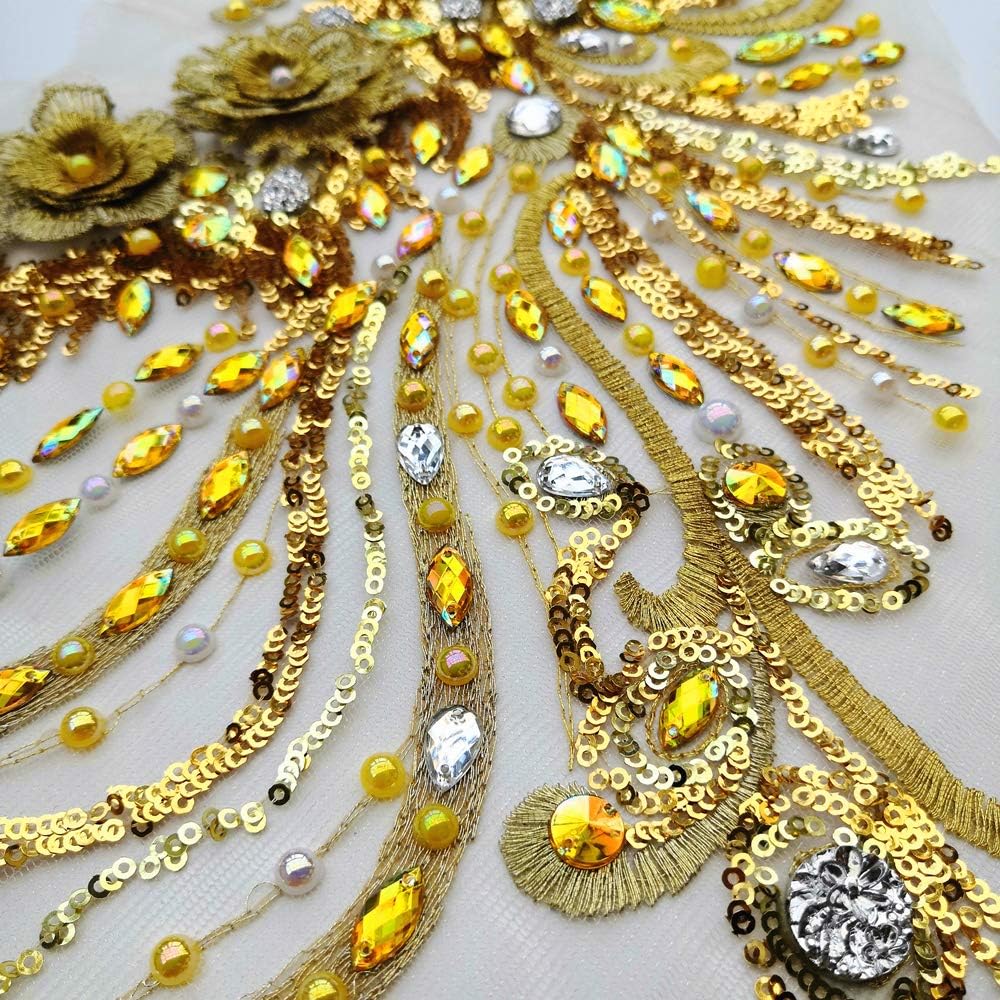 Handmade Sewn on The Web 3D Lace Rhinestones Applique Crystal Patches with Stones Sequins Beads Wedding Dress Accessories (Yellow)