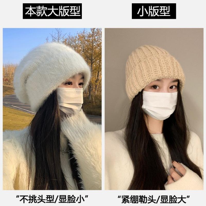 Face little rabbit hair hat women's winter warm wool hat big head circumference temperament white plush knitted ear protector cold hat