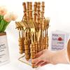 24-teiliges Geschirr-Set mit Ständer, Bambusgriff, Edelstahl, Geschirr, Messer, Besteck, Gabel, Löffel, Set mit Besteckständer