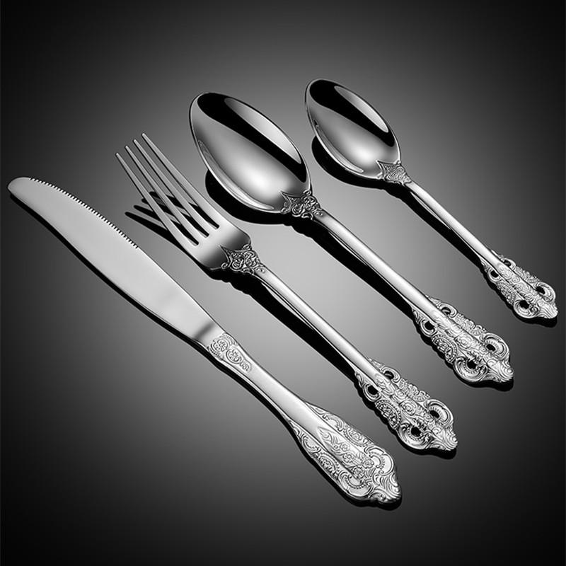 304 Stainless Steel Palace Style Tableware Embossed Western Dinnerware Cutlery Steak Knife Fork Spoon Teaspoon Kitchen Gadgets