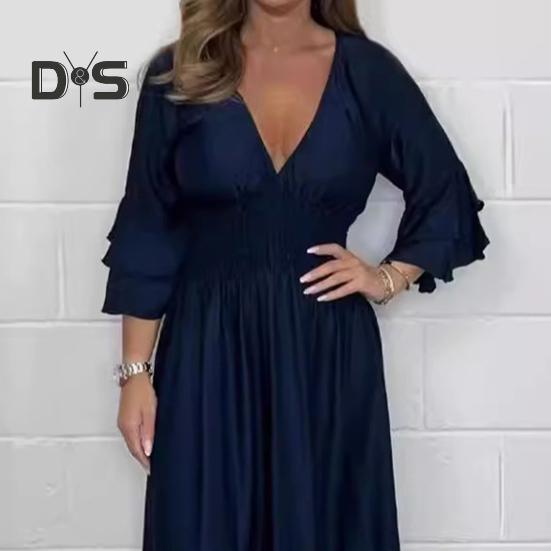 Lady Evening Dress V Neck Slim Waist Ruffle Cuffs Satin Pleated Layered Hem A-line Maxi Dress Long Sleeve Wedding Party Banquet Dress